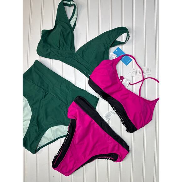 NWT Cupshe Bikini Set Two Piece Swimsuit Fuchsia & Black Green BUNDLE Size S - Picture 2 of 6